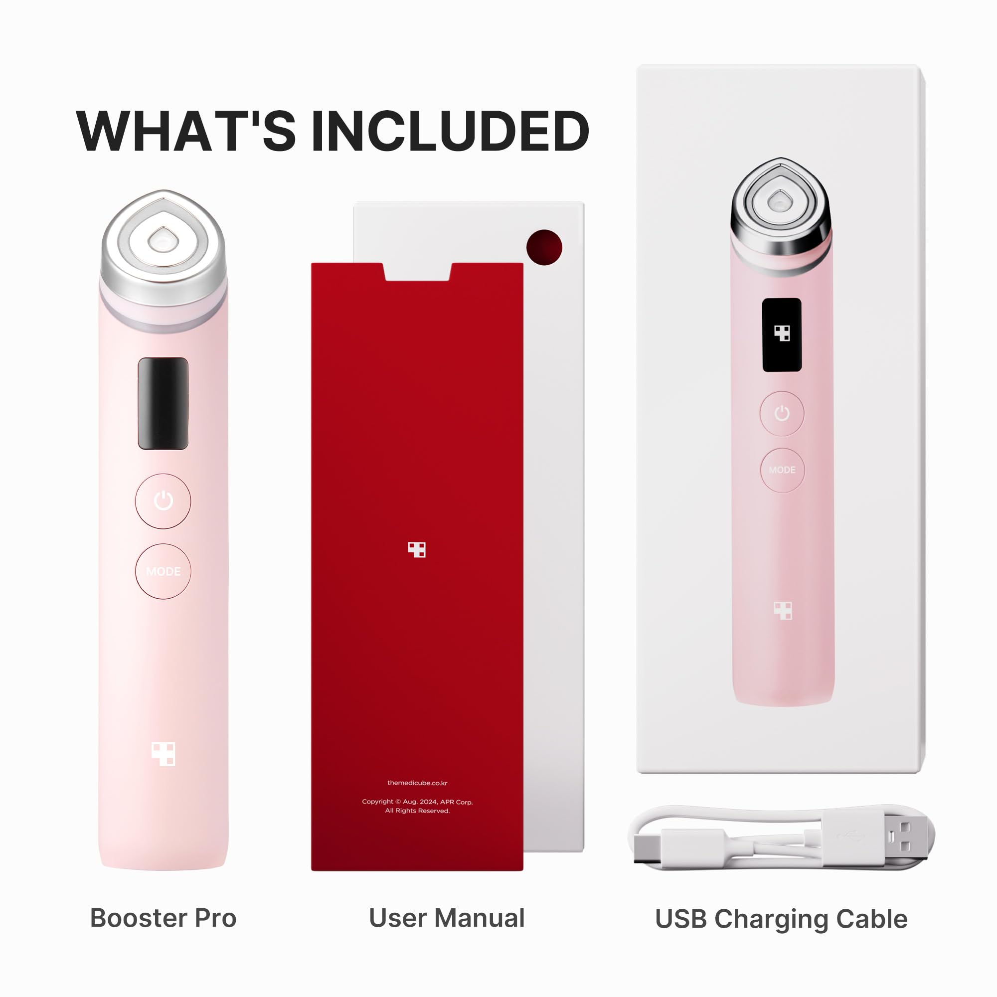 Medicube Booster Pro box contents including USB cable and manual.