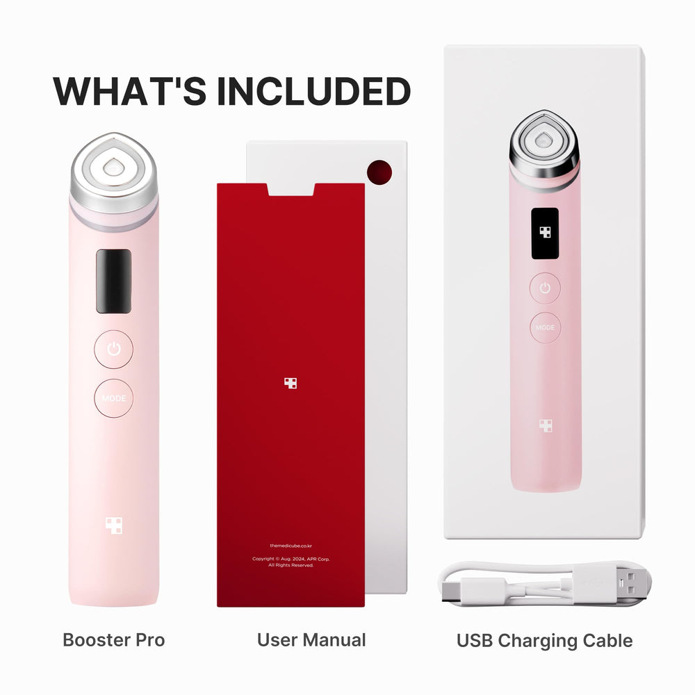 Medicube Booster Pro box contents including USB cable and manual.