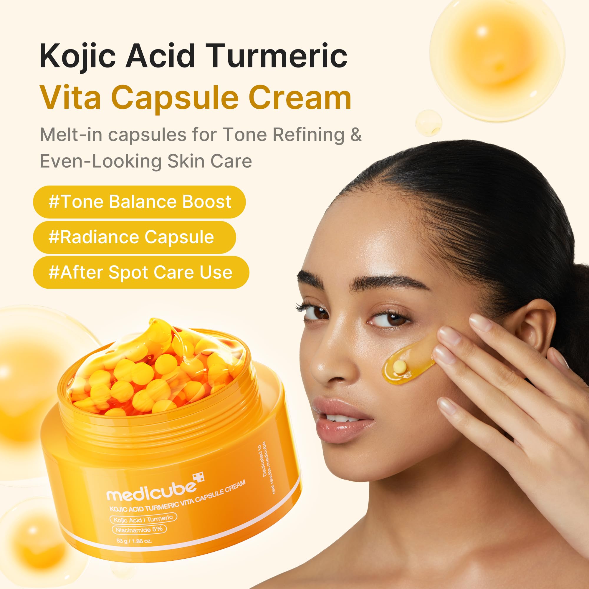 Medicube Capsule Cream capsules closeup highlights targeted tone balancing benefits.