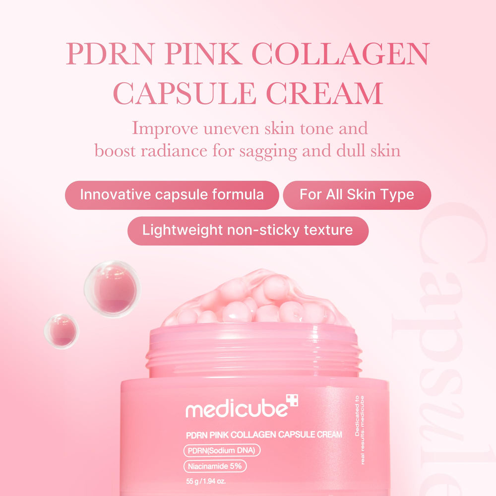 Medicube pink capsule close up highlights gel activation for a smooth, non sticky application.