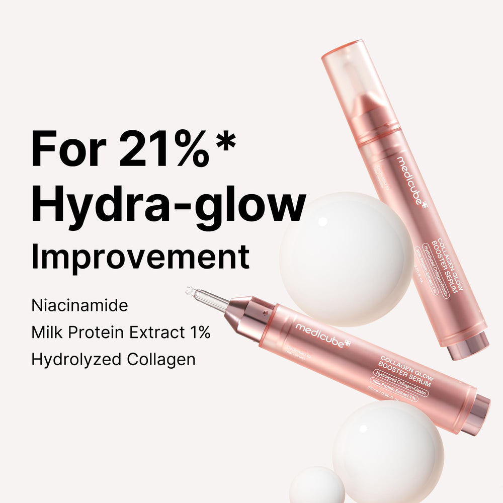 Medicube Collagen Glow Booster Milk Serum texture closeup highlights creamy cushiony feel on skin