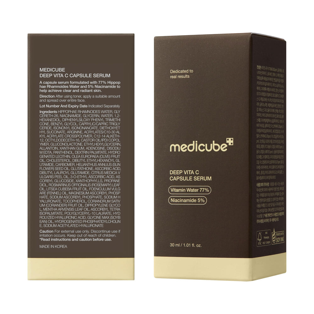 Medicube Deep Vitamin C Capsule Serum, uso diario, rutina suave de cuidado diario.