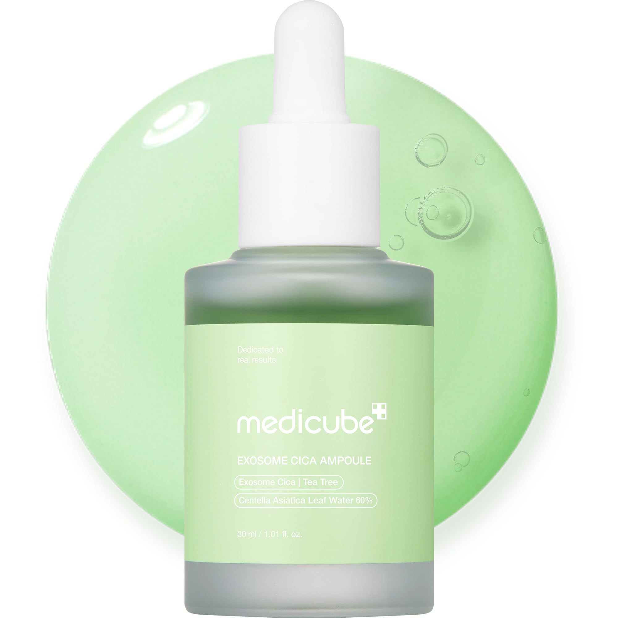Medicube Exosome Cica Tea Tree Ampoule bottle delivering soothing hydration for sensitive skin.