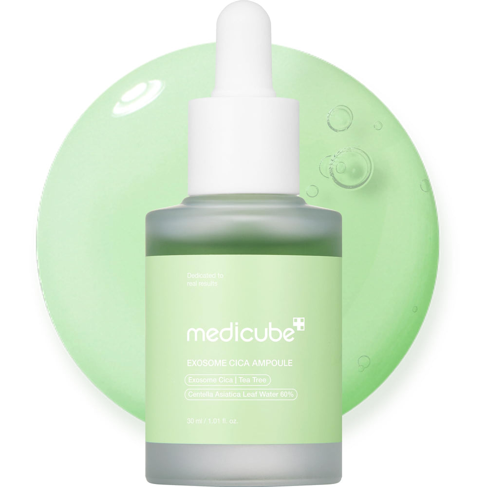 Medicube Exosome Cica Tea Tree Ampoule bottle delivering soothing hydration for sensitive skin.