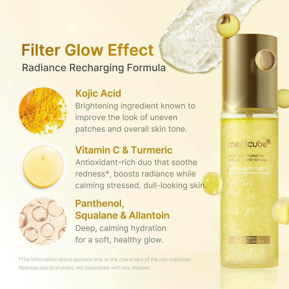 Medicube Jelly Mist Serum ingredientes ácido kojico y cúrcuma para luminosidad suave.