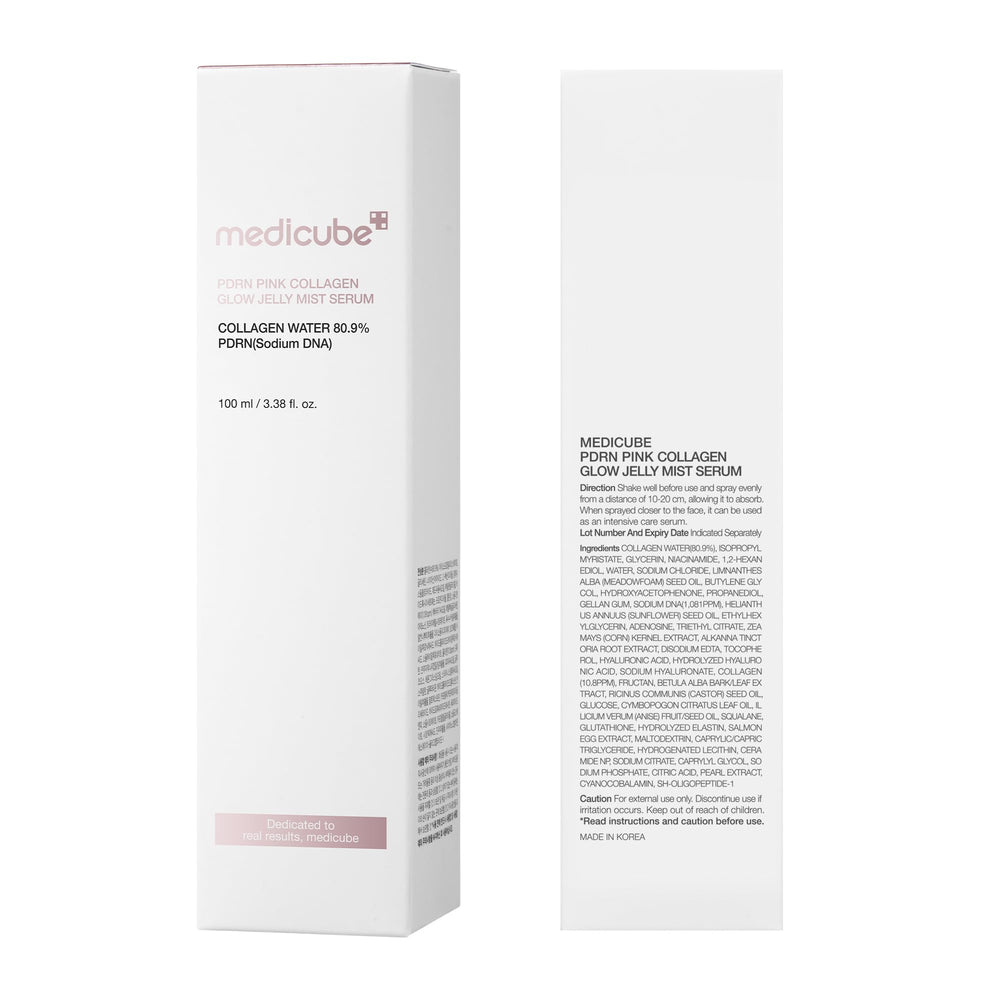 Medicube Jelly Mist Serum packaging highlighting skincare benefits.