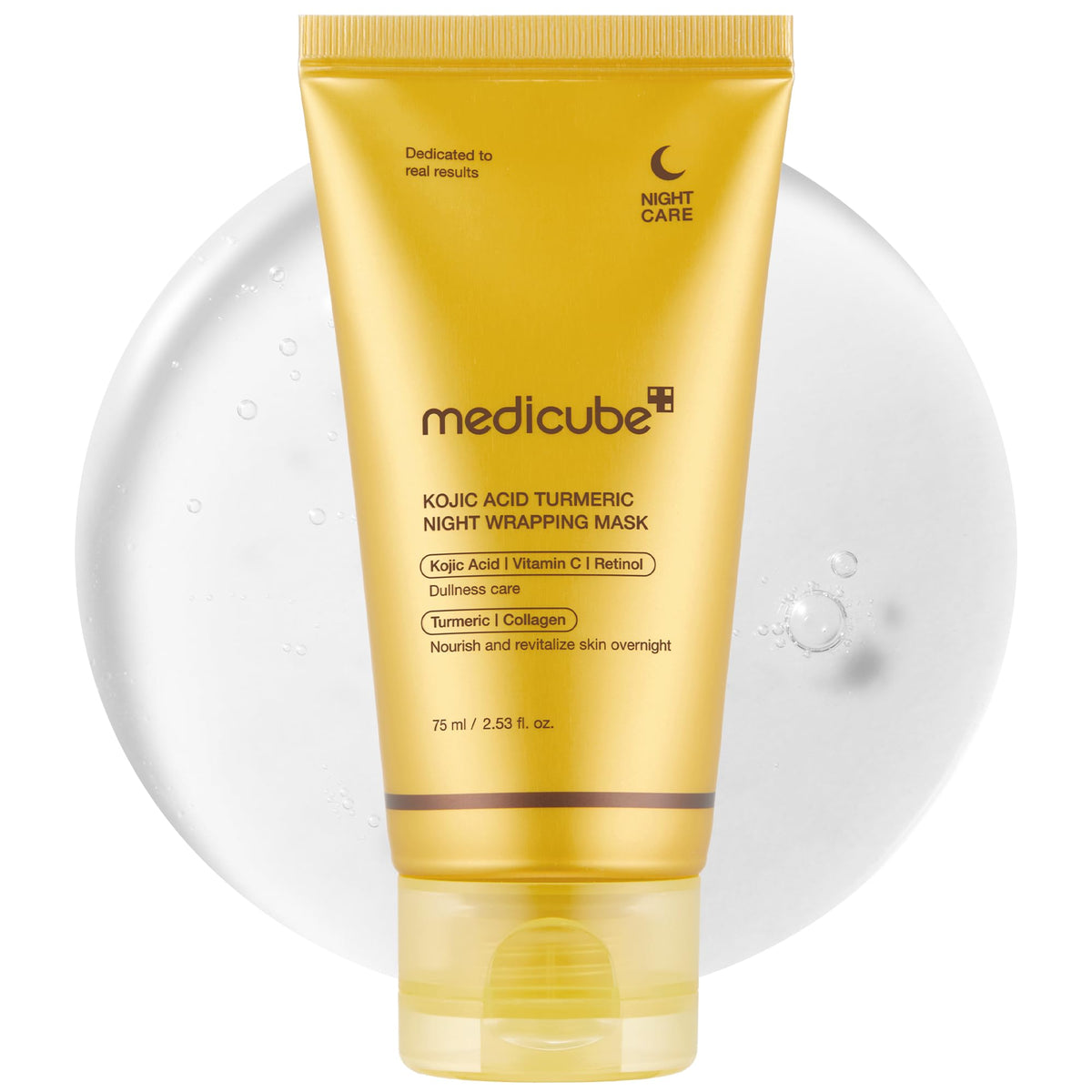 Medicube Kojic Acid Turmeric Overnight Wrapping Mask packaging closeup highlighting glow