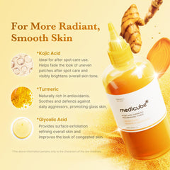 Medicube Kojic Acid Turmeric Toner texture closeup highlights gentle exfoliation for smoother skin.