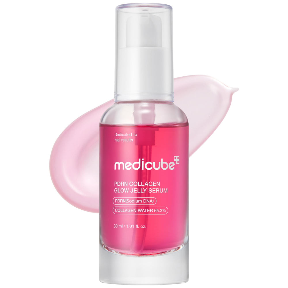 Medicube PDRN rosa suero gel rosado en bote para hidratación duradera y brillo suave.