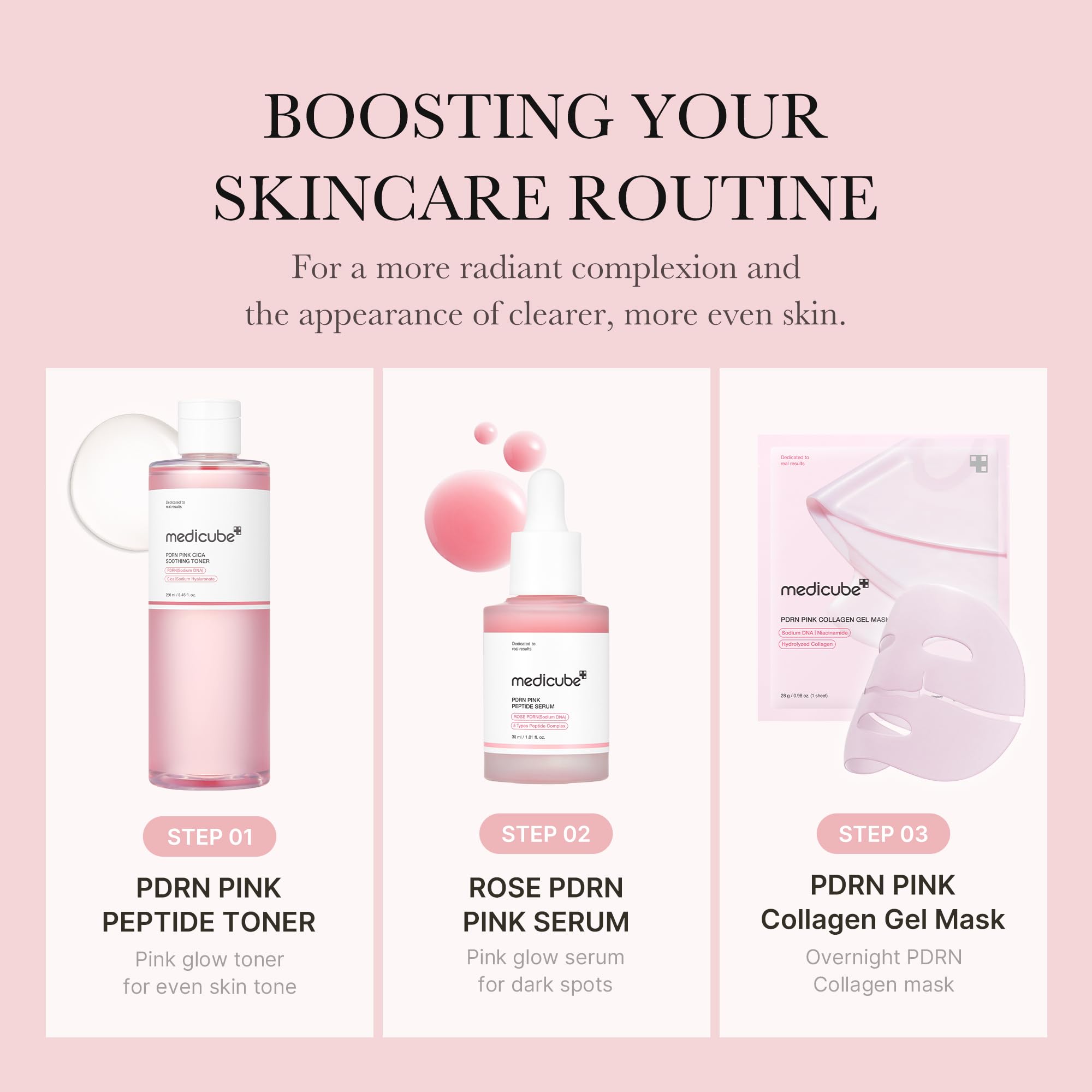 Medicube PDRN Toner ingredient close-up features peptide complexes for improved skin vitality.