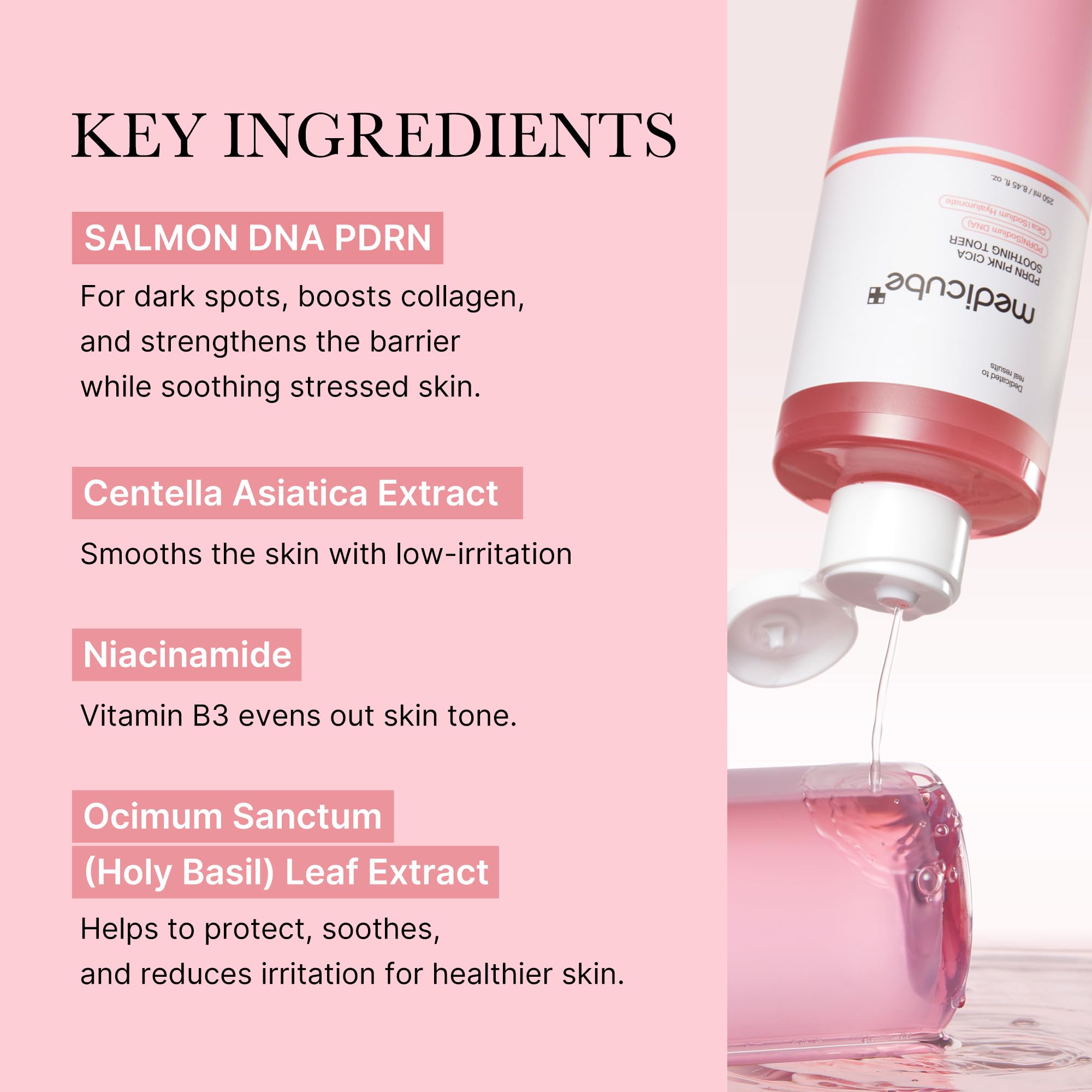 Texture swirl close-up highlights a watery, pink-toned toner ideal for hydration.