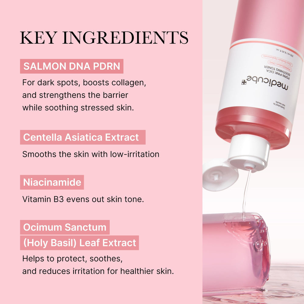 Texture swirl close-up highlights a watery, pink-toned toner ideal for hydration.