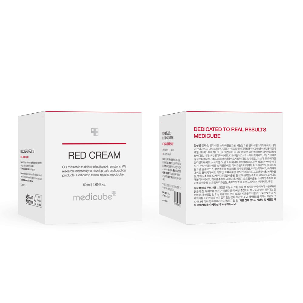 Caja de empaque de Medicube Red Cream 2.0, cuidado de la piel coreano.