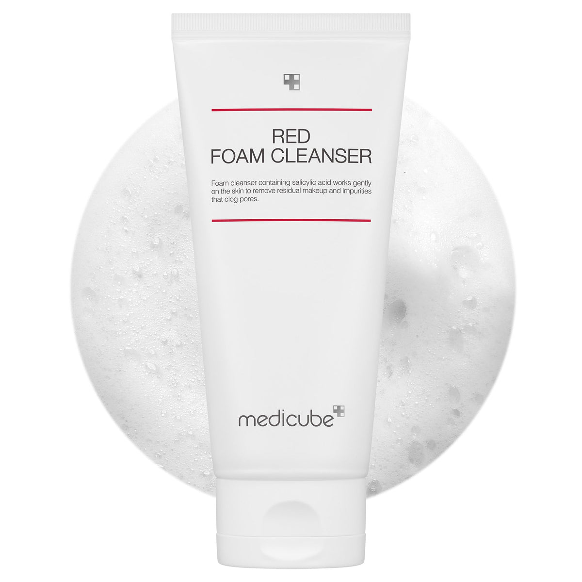 Medicube Limpiador de espuma roja, botella visible, beneficios de limpieza suave para piel sensible.
