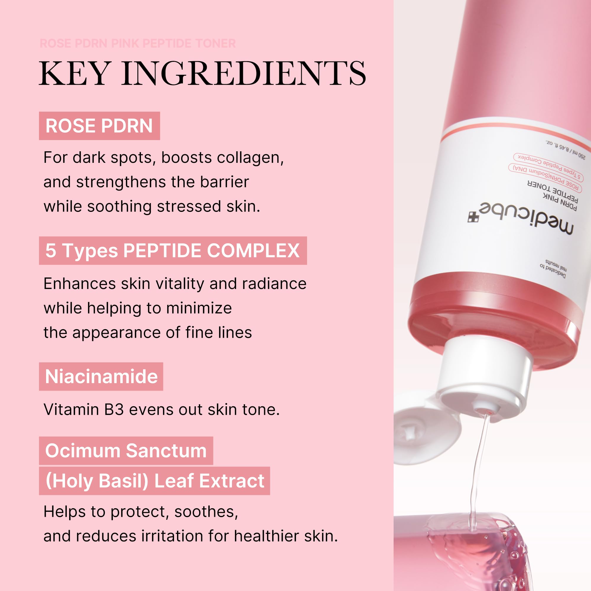 Medicube Rose PDRN Toner, aplicación en la palma, tonifica suavemente y calma la piel.