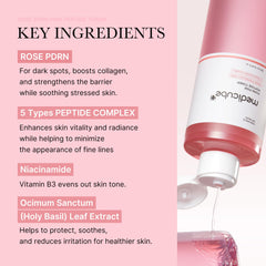 Medicube Rose PDRN Toner, aplicación en la palma, tonifica suavemente y calma la piel.