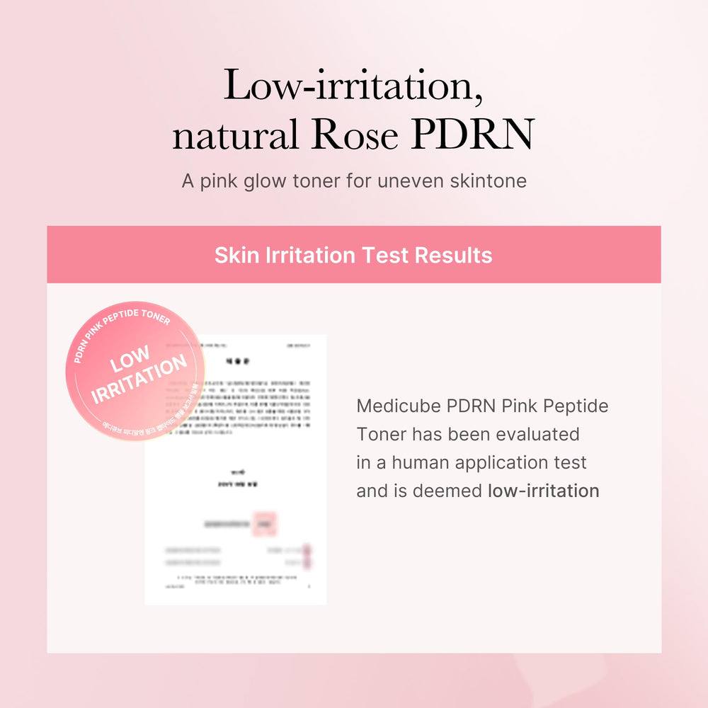 Medicube Rose PDRN Toner, etiqueta rosa, destaca ingredientes clave para un tono más uniforme.