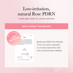 Medicube Rose PDRN Toner, etiqueta rosa, destaca ingredientes clave para un tono más uniforme.
