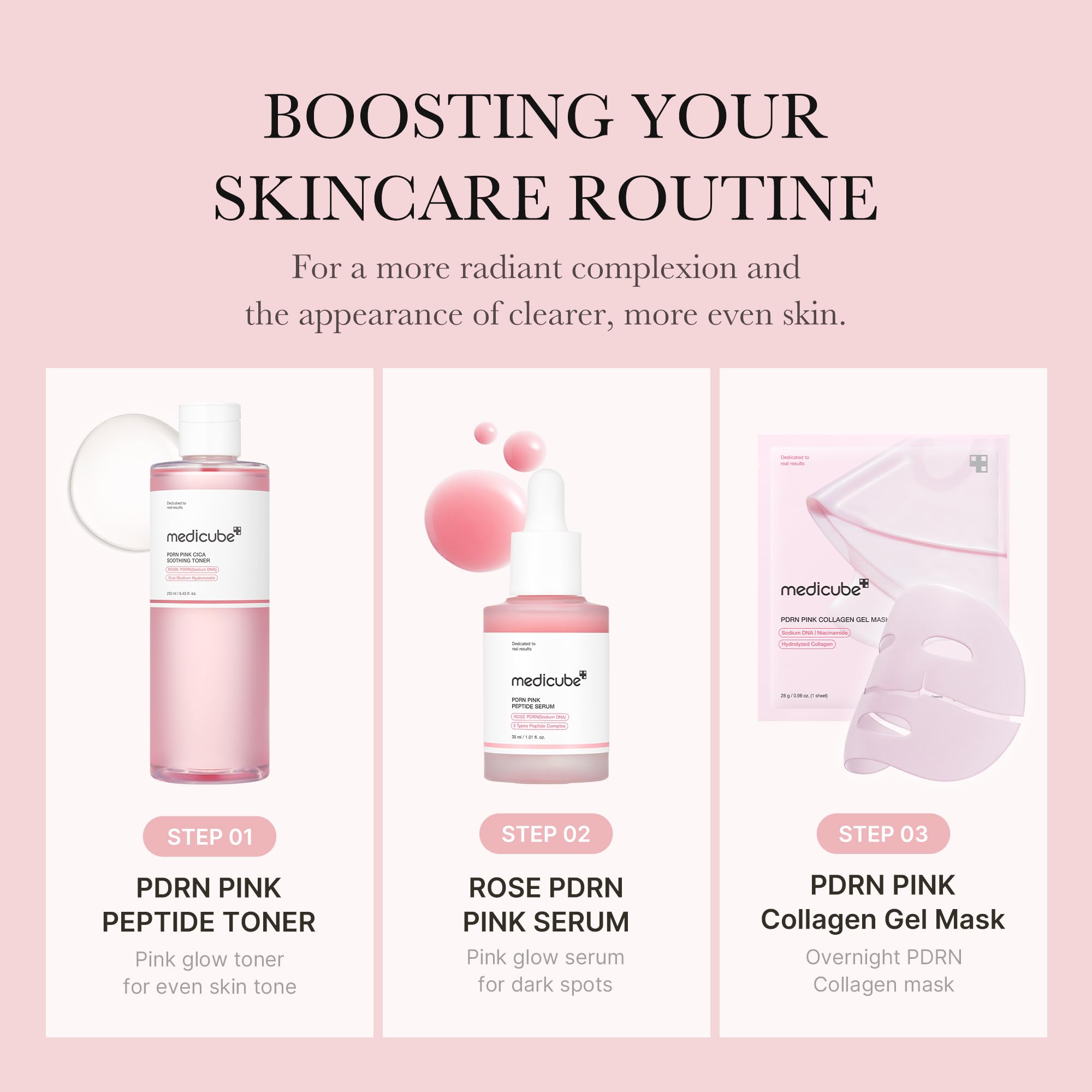 Medicube Rose PDRN Toner, empaque elegante, mejora la experiencia diaria de cuidado.