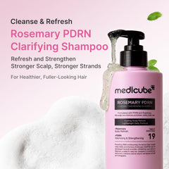 Medicube Rosemary PDRN Clarifying Shampoo label closeup highlighting clean ingredients and premium care