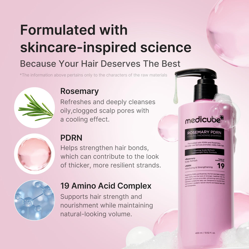 Medicube Rosemary PDRN Clarifying Shampoo scalp closeup suggests cooling sensation and refreshed feeling