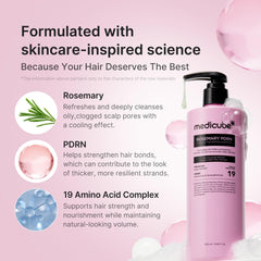 Medicube Rosemary PDRN Clarifying Shampoo scalp closeup suggests cooling sensation and refreshed feeling