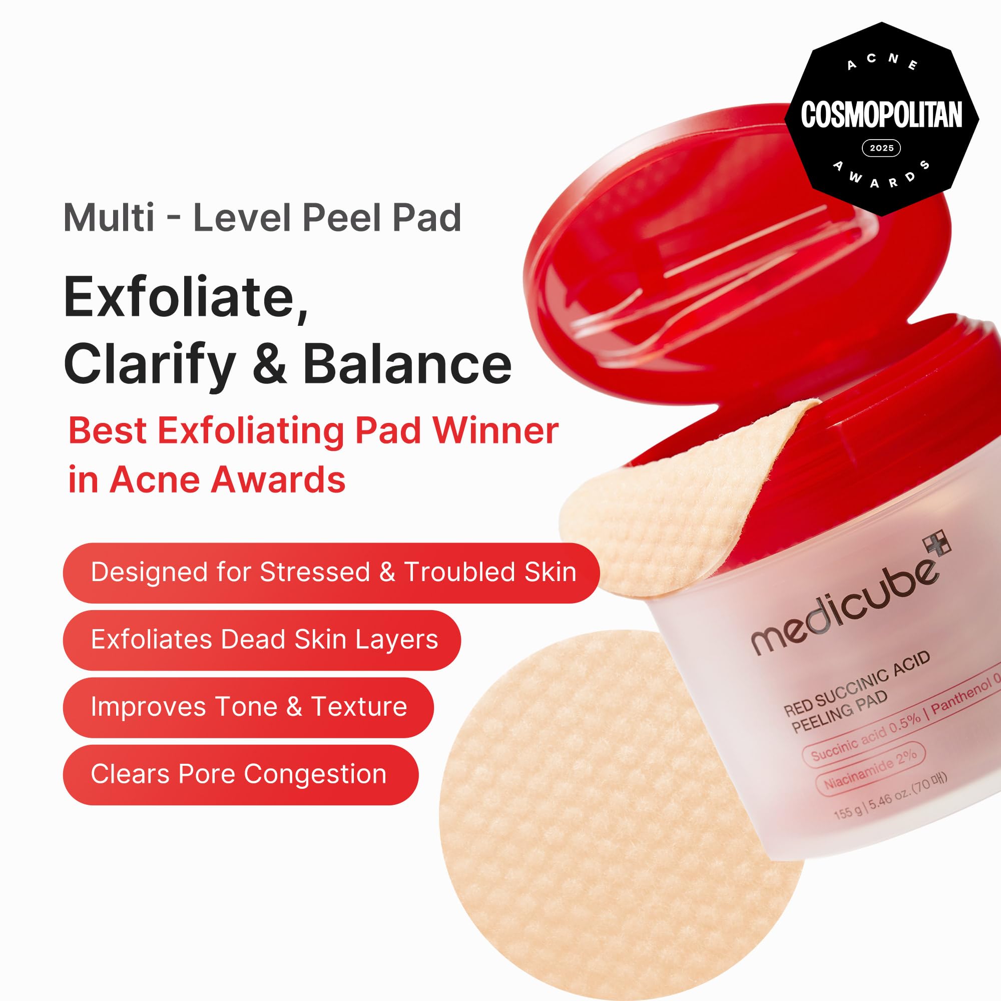 Medicube Toner Pads red succinic acid pad close-up showing exfoliation texture