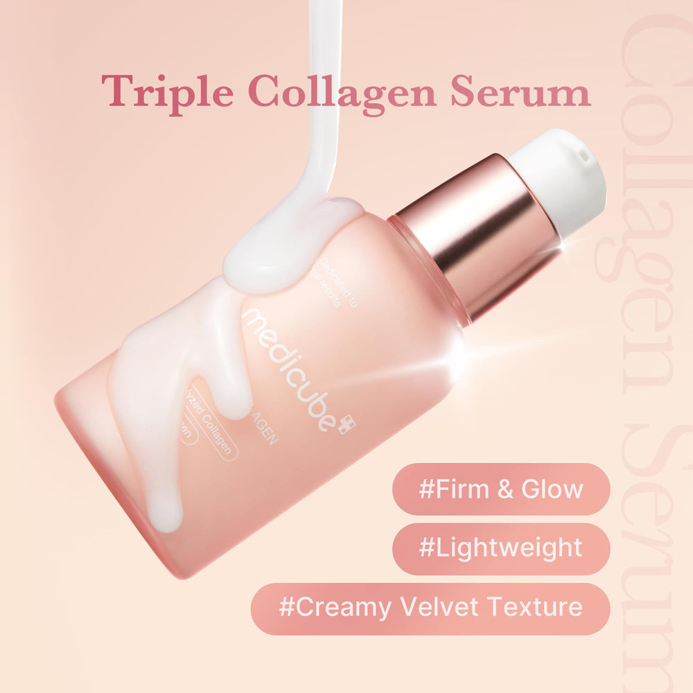 Medicube Triple Collagen Serum, aplicación en la cara, aporta hidratación y absorción rápida.