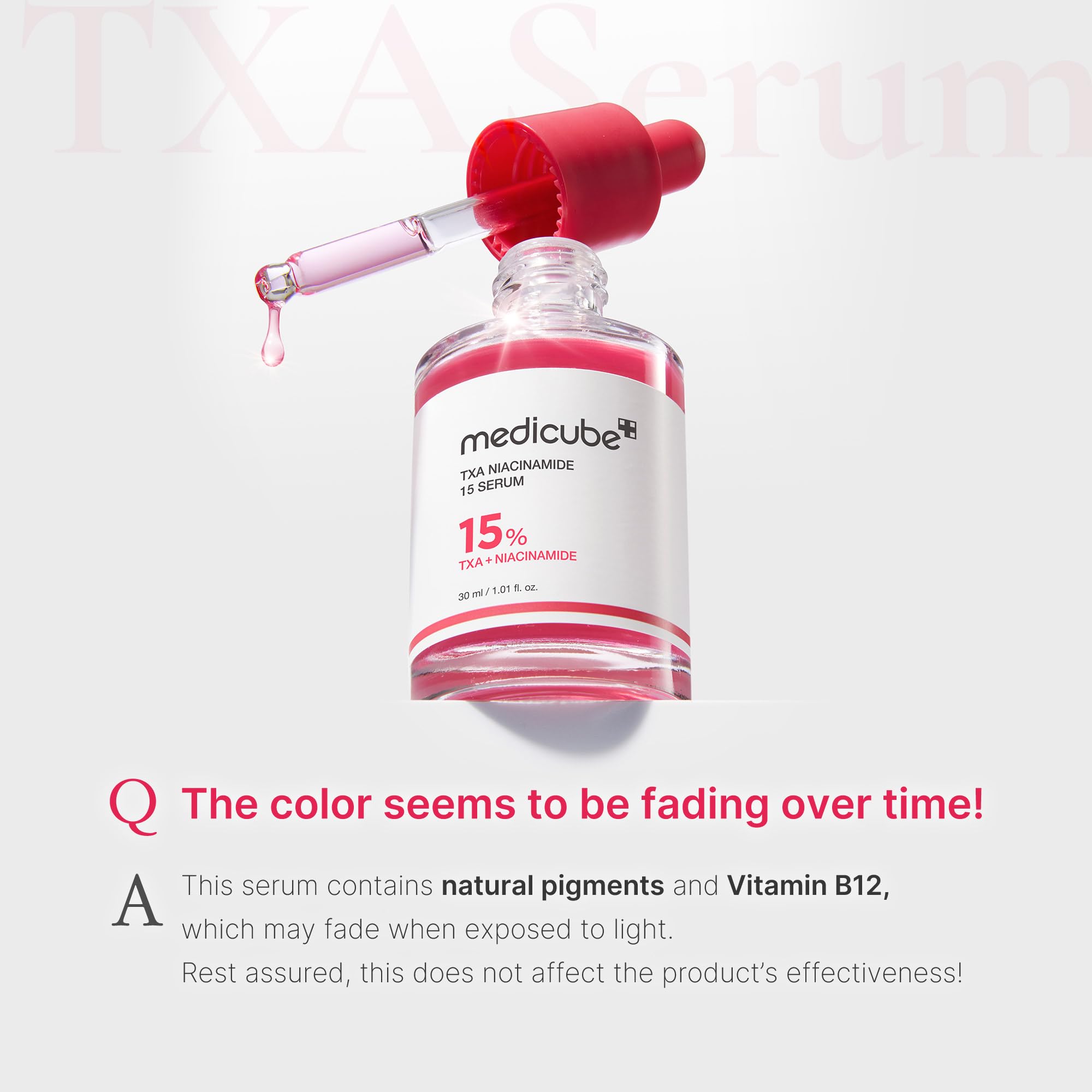 Medicube TXA+Niacinamida 15% Suero Iluminador; brillo perceptible tras una aplicación.