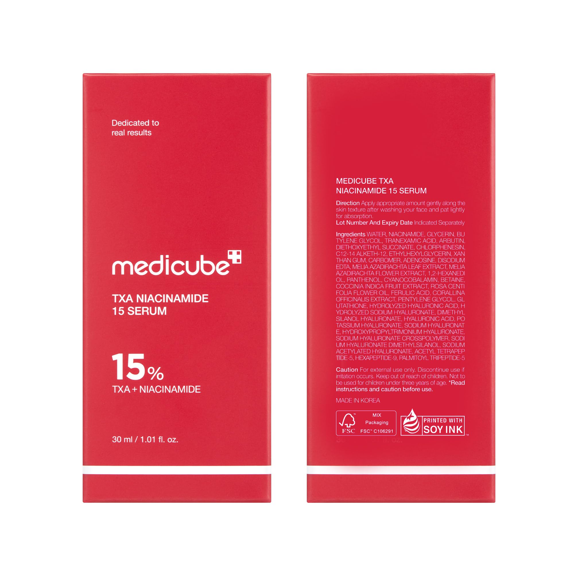 Medicube TXA+Niacinamida 15% Suero Iluminador; resultados posibles con uso constante.