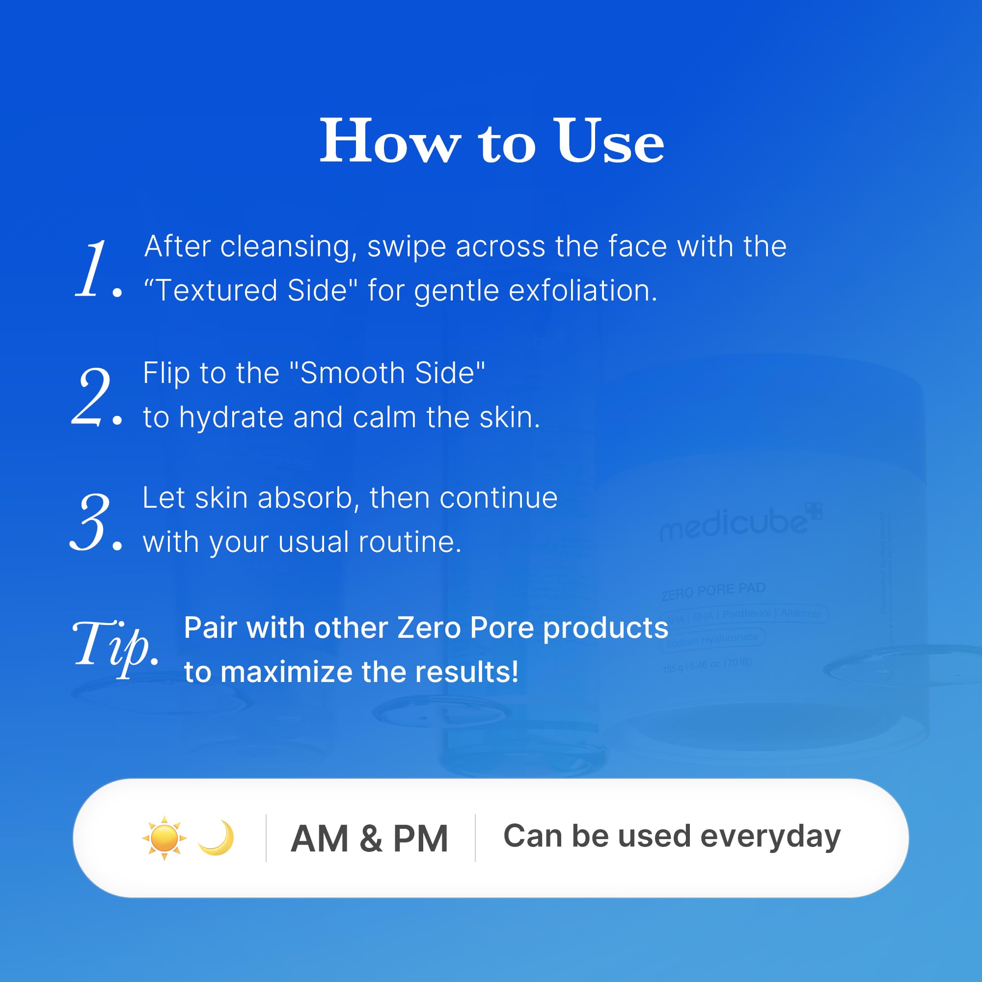 medicube Zero Pore Pad 2.0 natural bark and fruit extracts suggest gentle exfoliation.