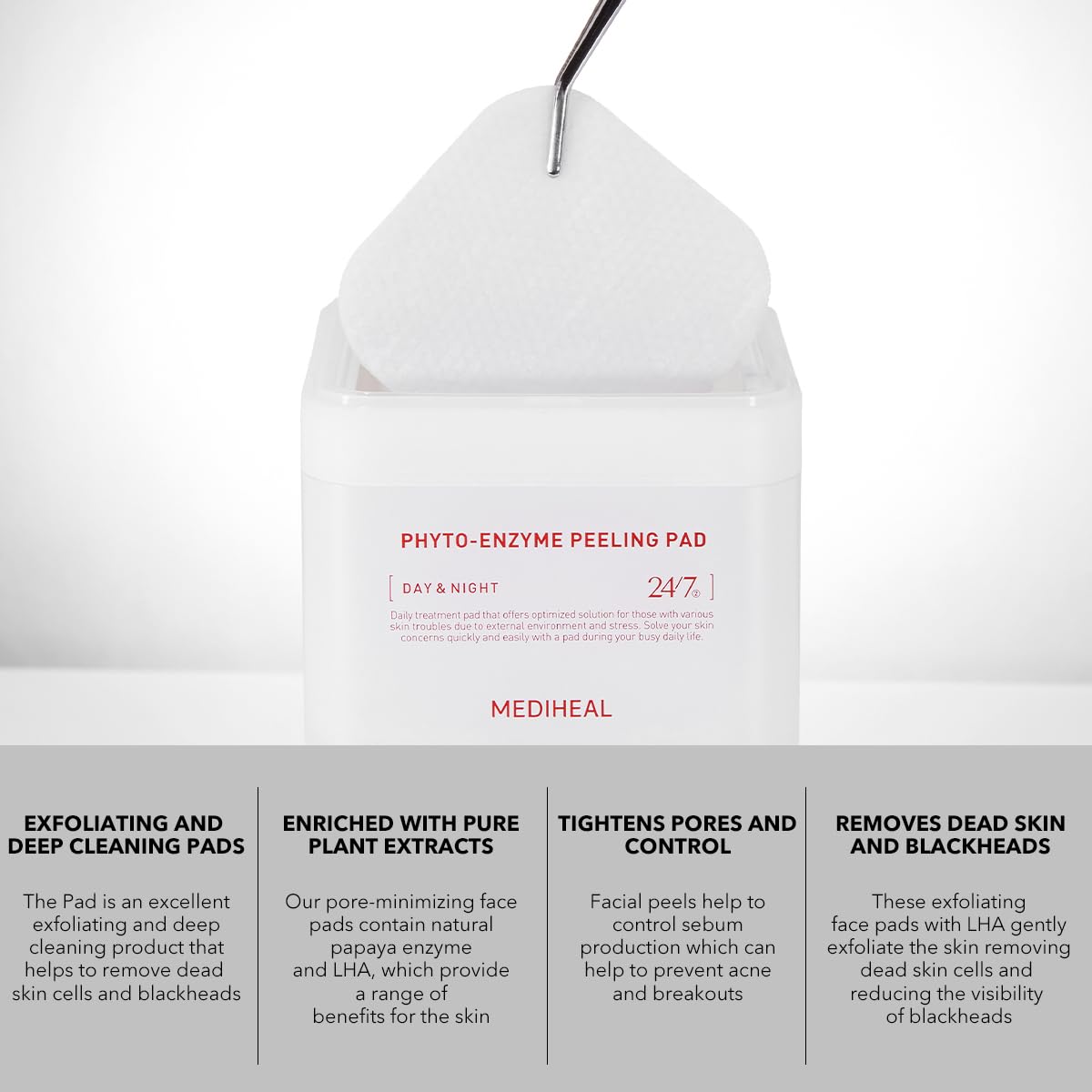 Mediheal almohadillas enzimas fito, aplicación suave sobre la piel para limpieza y refresco.