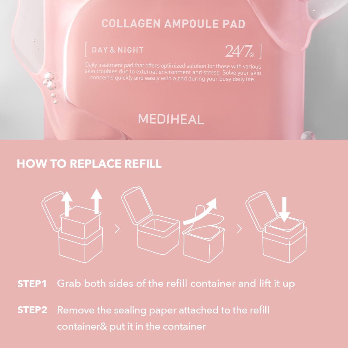 Mediheal Collagen Ampoule Pad vegan fibers suggest sustainable, gentle skin care.