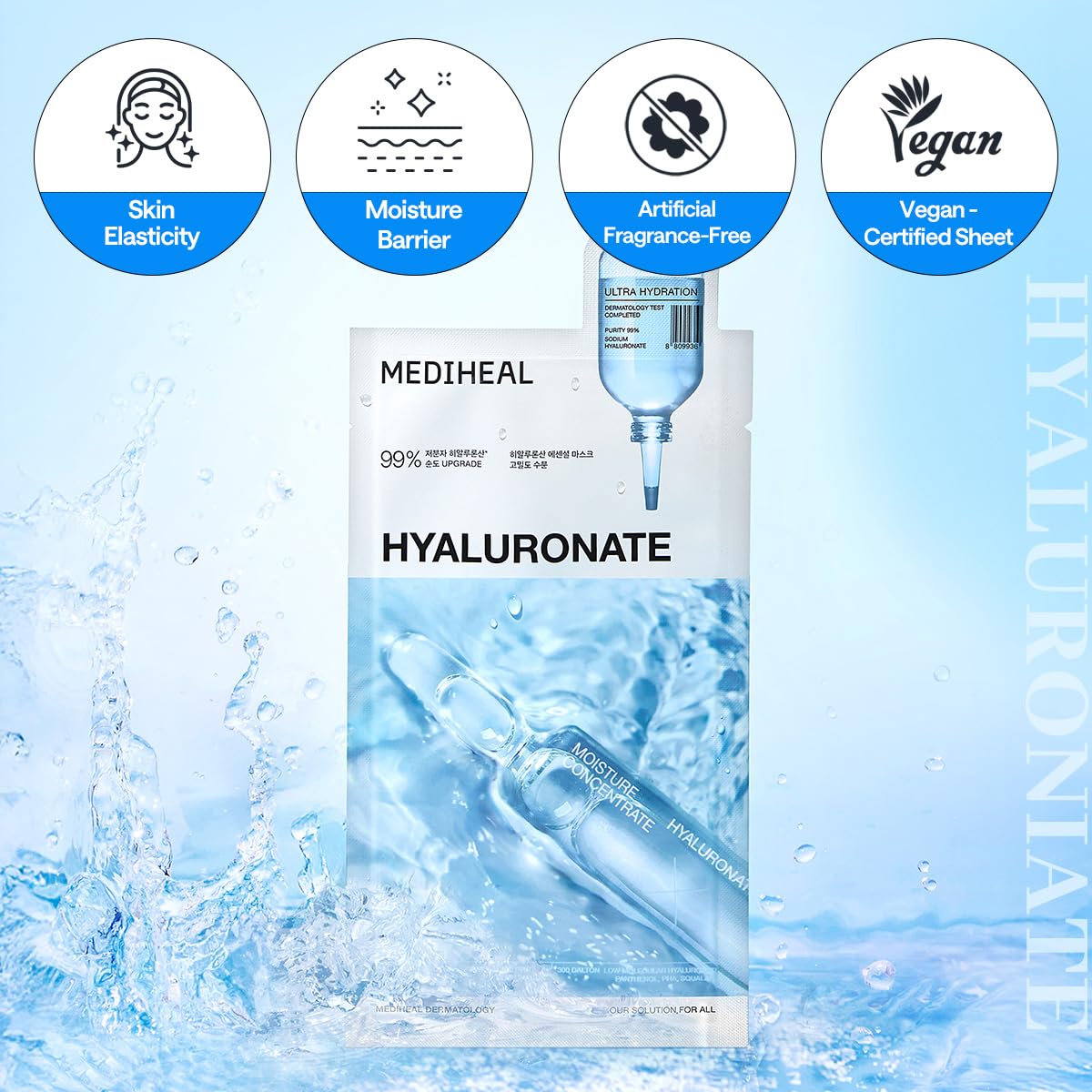 Mediheal Essential Mask Hyaluronate closeup-ingredients emphasizes purity and moisture-friendly formula.