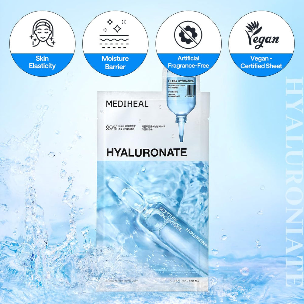 Mediheal Essential Mask Hyaluronate closeup-ingredients emphasizes purity and moisture-friendly formula.
