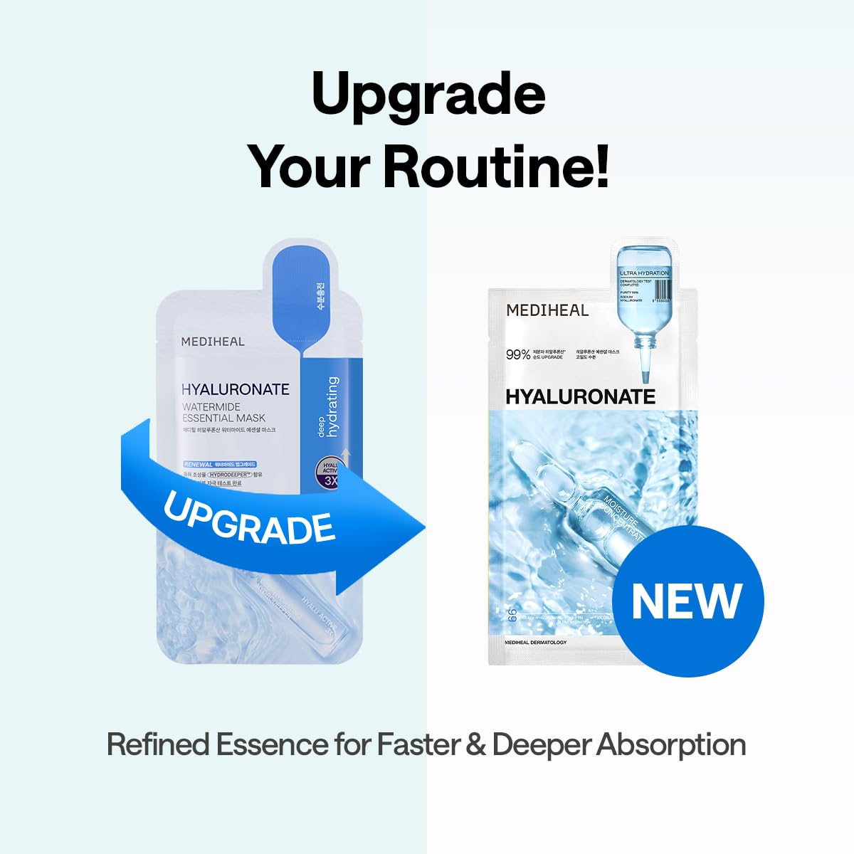 Mediheal Essential Mask Hyaluronate sheet-on-face image highlights intense hydration during use.
