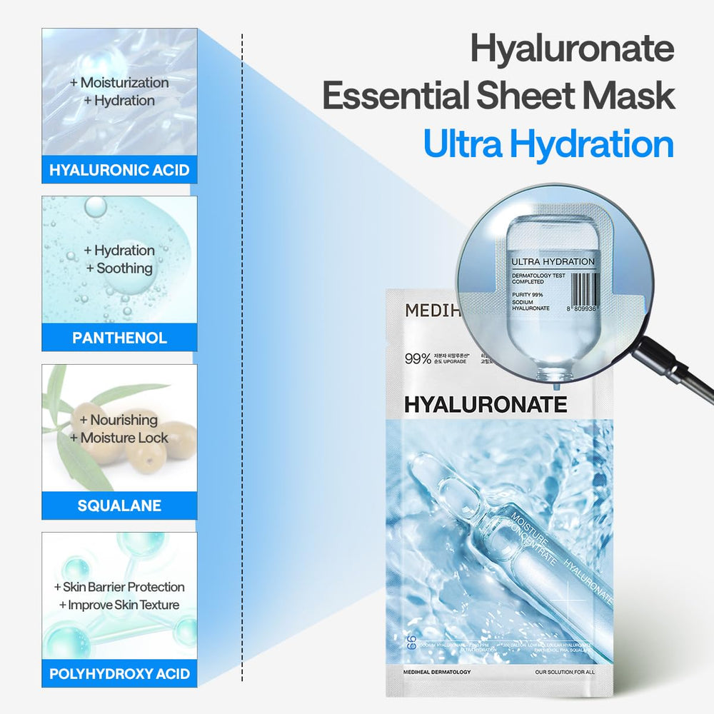 Mediheal Essential Mask Hyaluronate vegan-label communicates cruelty-free, plant-based care.