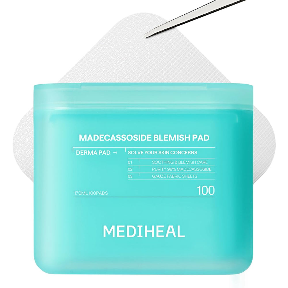 Mediheal Madecassoside Blemish Pad, formato cuadrado, posible mejora de imperfecciones leves.