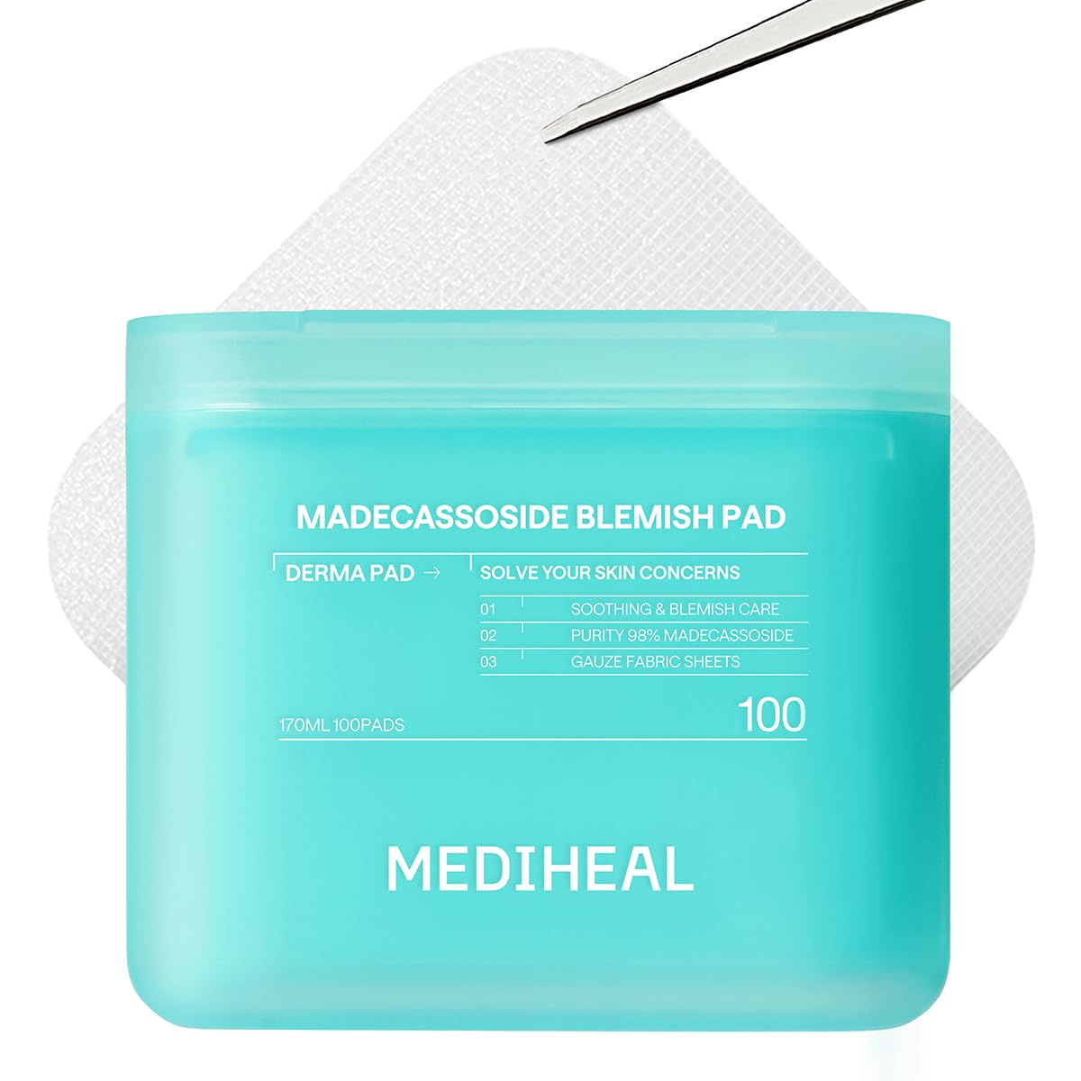 Mediheal Madecassoside Blemish Pad, formato cuadrado, posible mejora de imperfecciones leves.