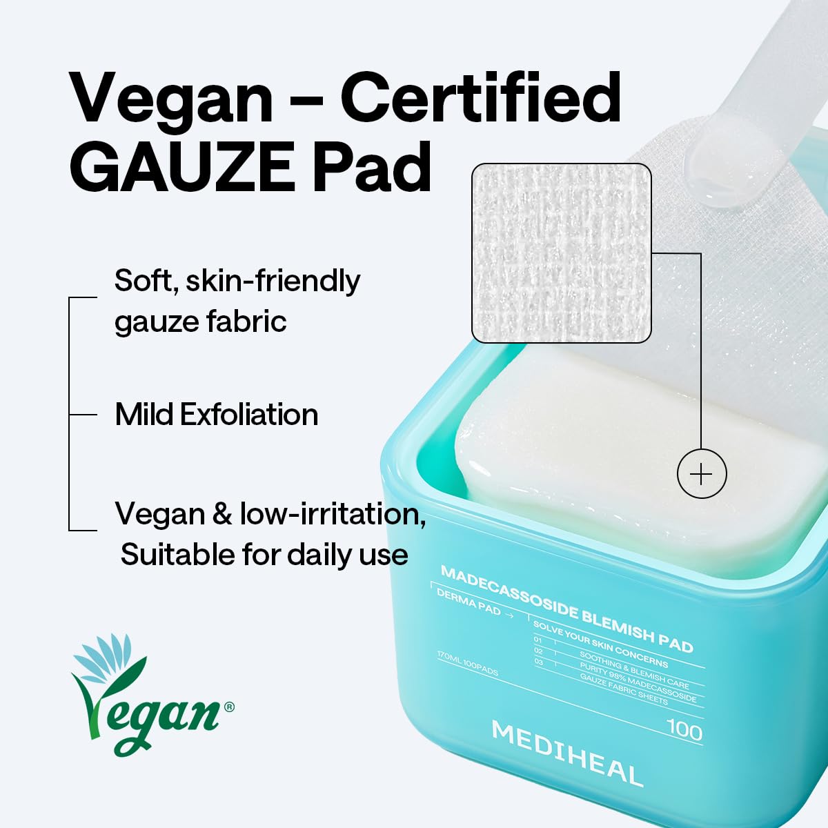 Mediheal Madecassoside Pad, textura suave con sensación calmante tras la limpieza.