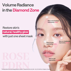 Mediheal Rose PDRN mask being applied across cheeks for a firming feel.
