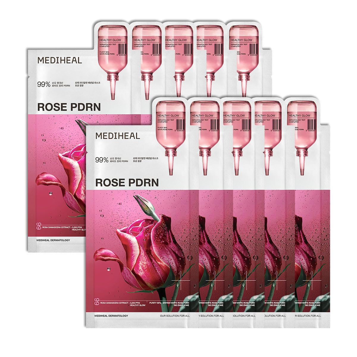Mediheal Rose PDRN mask close-up showing intense hydration from hyaluronic acid.