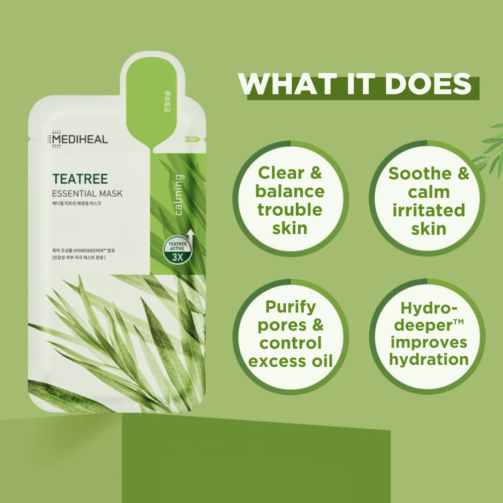 Mediheal Tea Tree Mask closeup shows soothing formula calming skin.