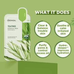 Mediheal Tea Tree Mask closeup shows soothing formula calming skin.
