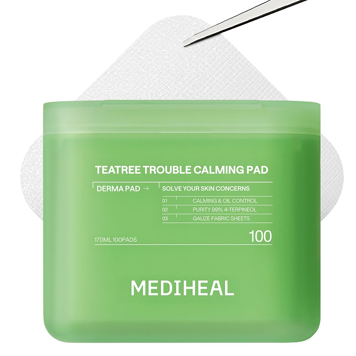 Mediheal Teatree Toner Pads pack shows calming formula for sensitive acne-prone skin.