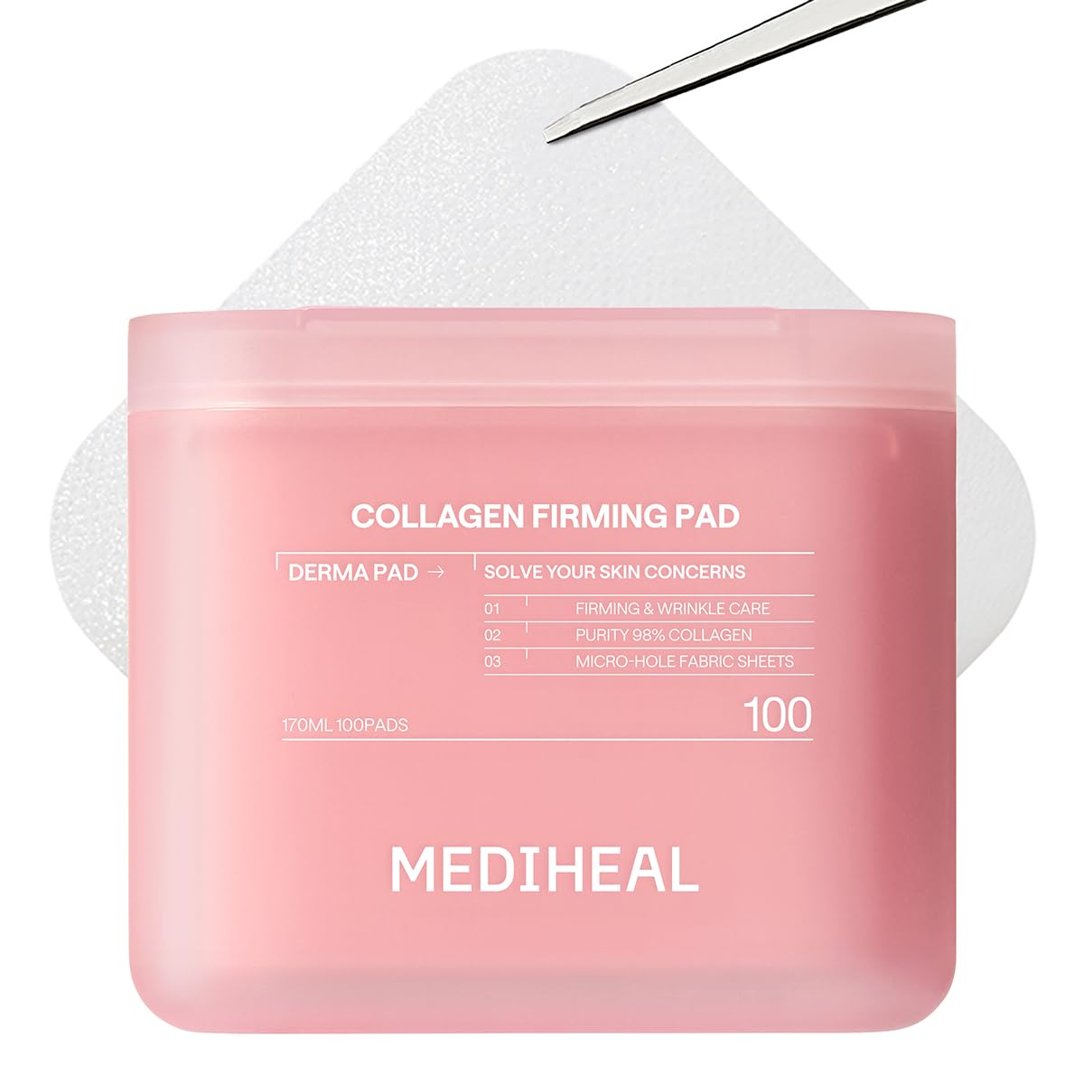 Mediheal Toner Pads Collagen 98% low-molecular close-up showing collagen-rich formulation for firming potential.