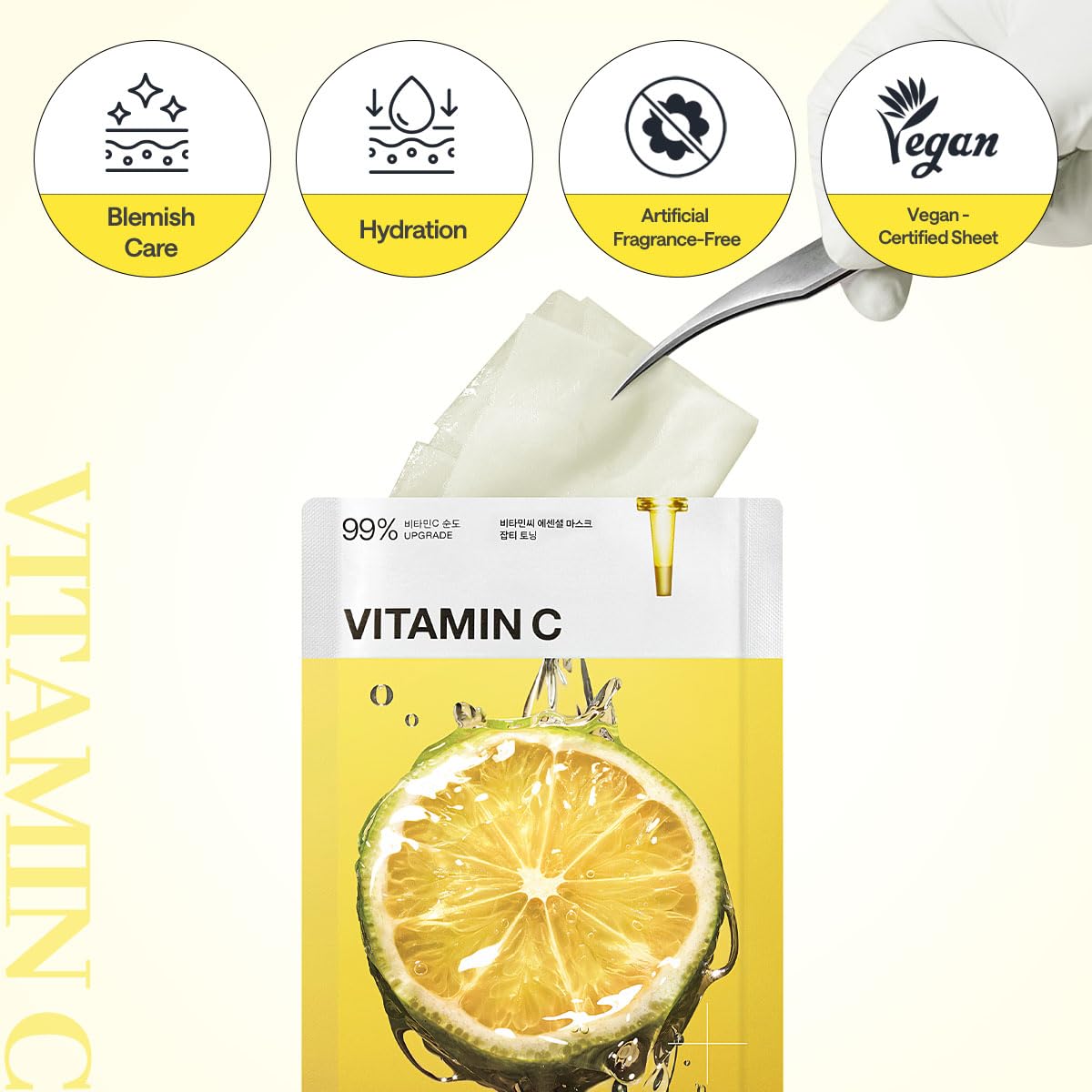 Ingredient icons on the packaging highlighting vitamin C and actives.