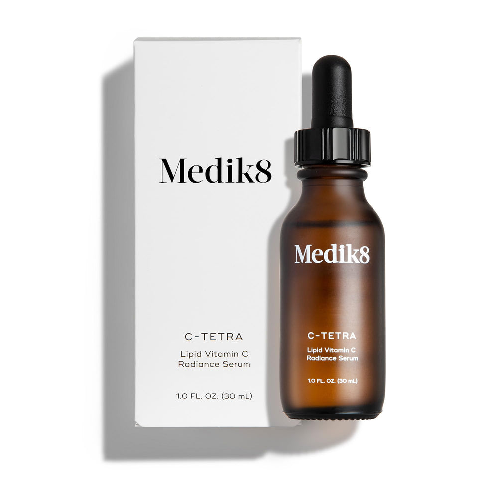 Medik8 C-Tetra bottle close-up, a vitamin C serum for balanced, radiant skin.