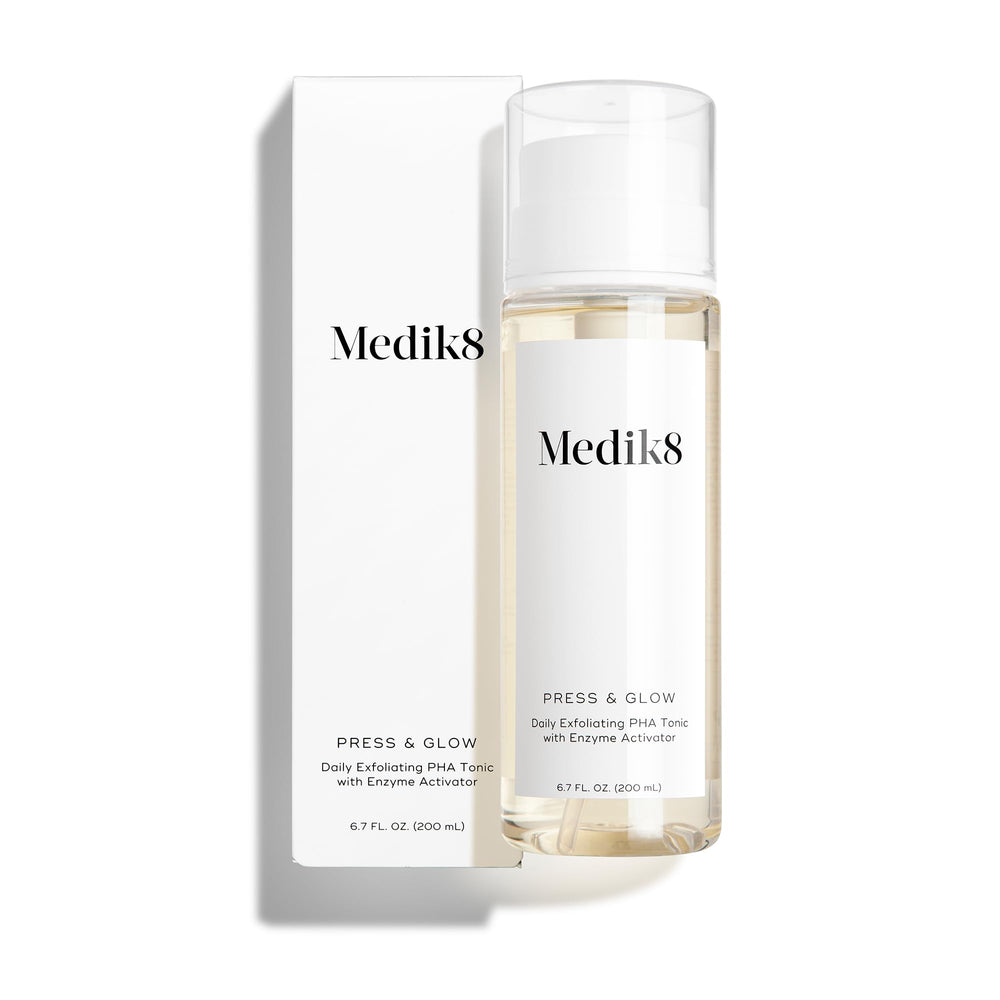 Medik8 Press and Glow toner bottle pouring demonstrates gentle exfoliation and hydration.