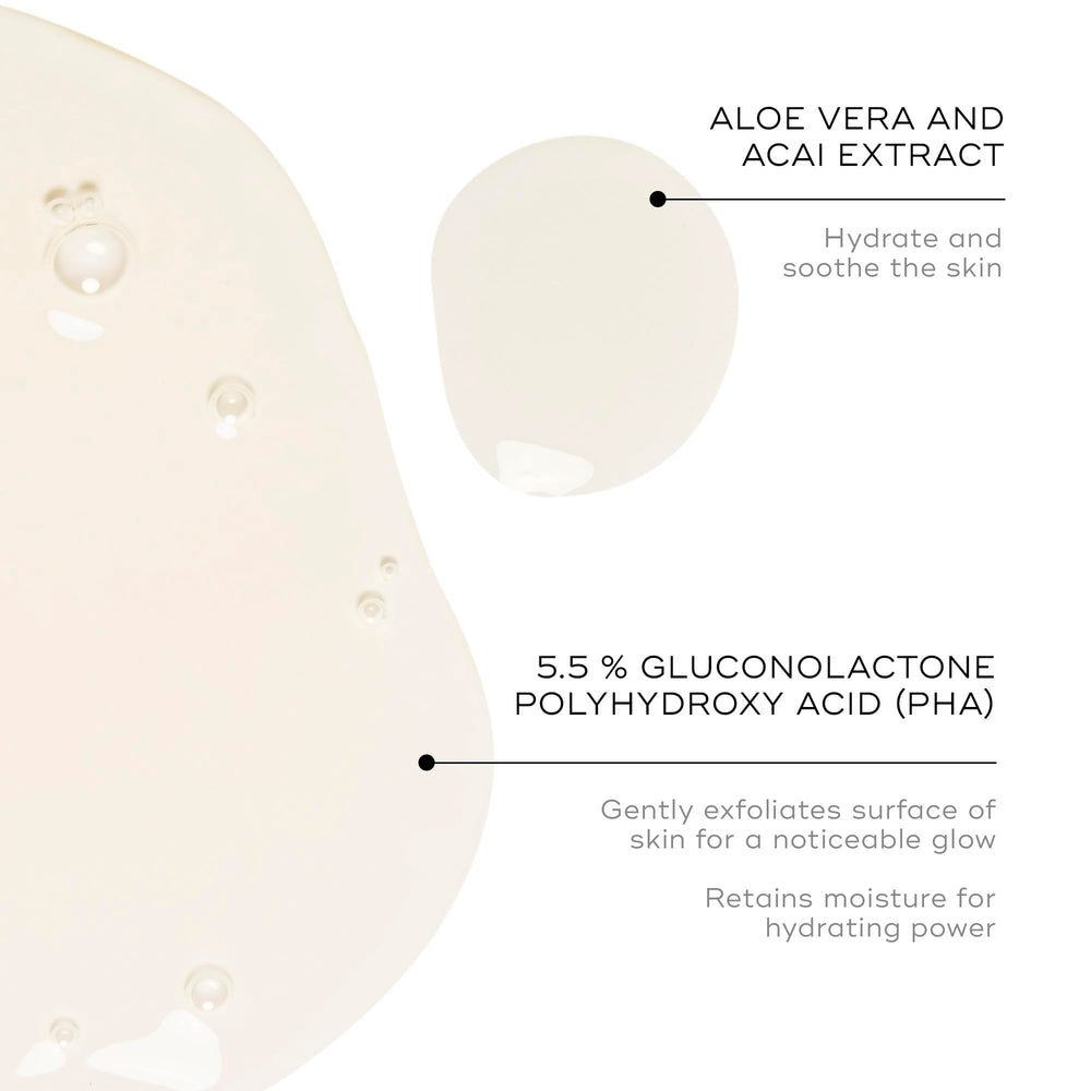 Medik8 Press and Glow toner ingredients close-up highlights prickly pear, aloe, and acai.
